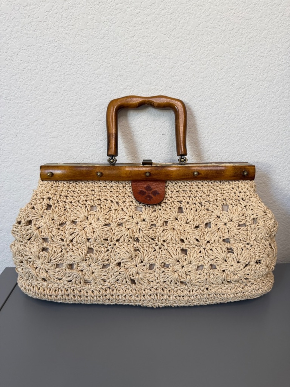 Patricia Nash Carmen Straw Crochet and Wood Frame Handbag Satchel